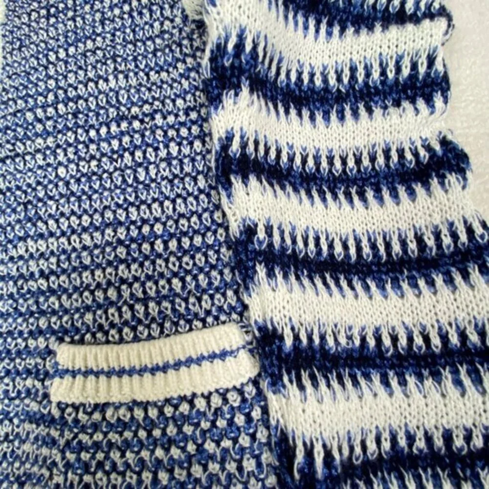 Talbots Womens Blue & Cream Striped Knit Cardigan Sweater With Fringe Hem Size M